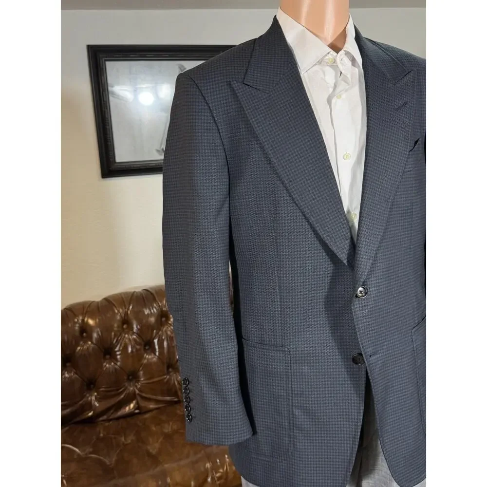 Tom Ford Blue Houndstooth Blazer Peak Lapel Sport Jacket 50 40R Wool Shelton EUC